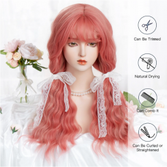 Cute Lolita Pink Casual Holiday Chemical Fiber Bangs Long Curly Hair Wig Net